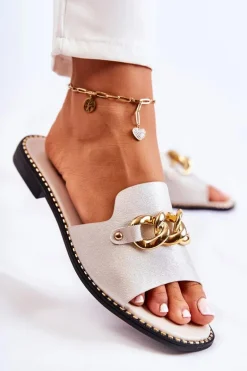 Modne Klapki Z Łańcuchem Na Płaskim Obcasie Złote Finess