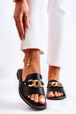 Modne Klapki Z Łańcuchem Na Płaskim Obcasie Czarne Finess