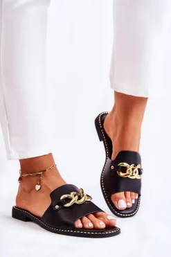 Modne Klapki Z Łańcuchem Na Płaskim Obcasie Czarne Finess