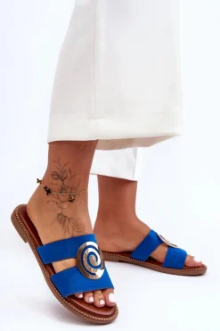 Modne Klapki Z Lustrzaną Ozdobą Niebieskie Deep Breath