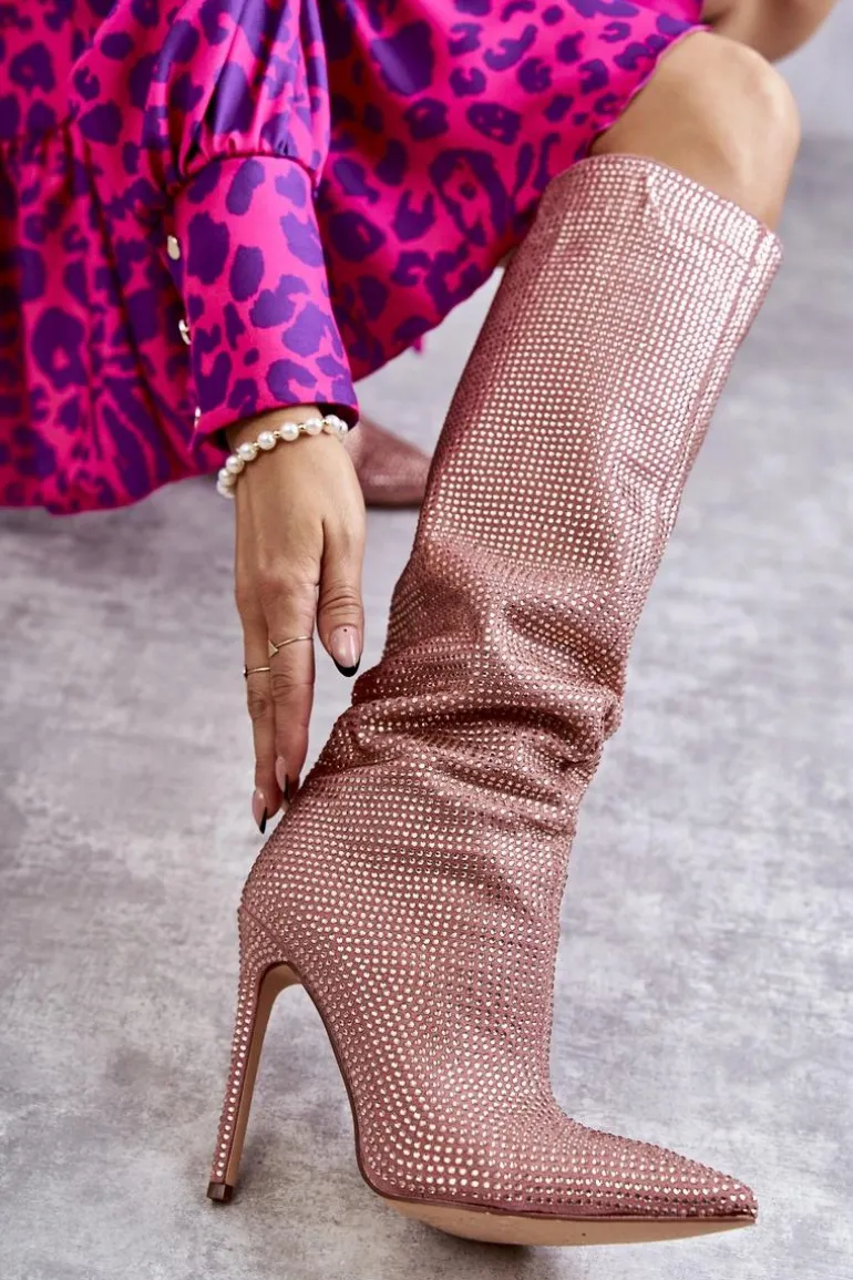 Modne Kozaki Na Szpilce Z Cyrkoniami Różowe Lovisa