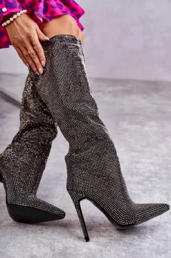 Modne Kozaki Na Szpilce Z Cyrkoniami Czarne Lovisa