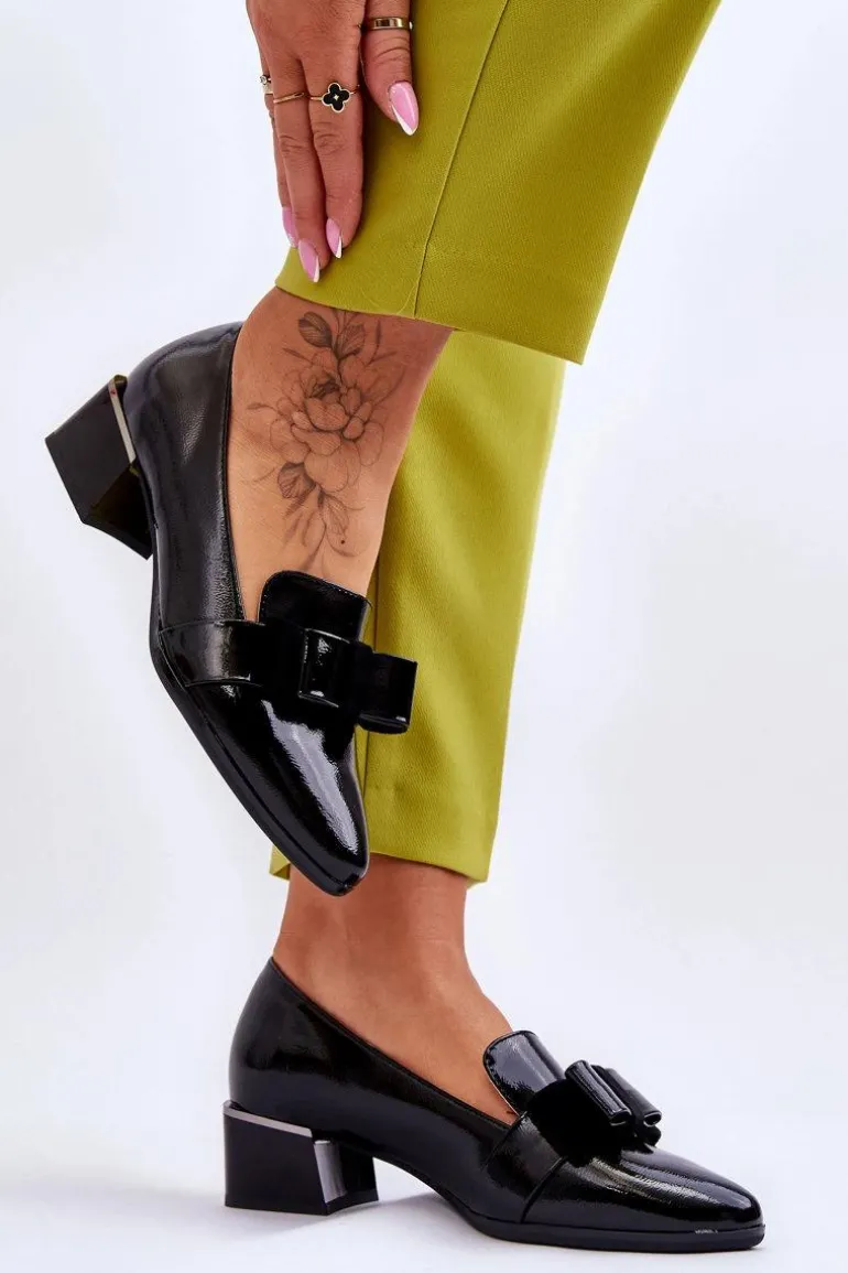 Modne Lakierowane Czółenka Z Ozdobną Kokardą Czarne Shira