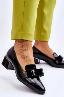 Modne Lakierowane Czółenka Z Ozdobną Kokardą Czarne Shira