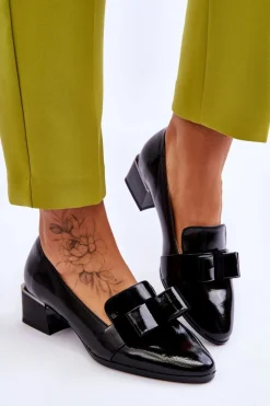 Modne Lakierowane Czółenka Z Ozdobną Kokardą Czarne Shira