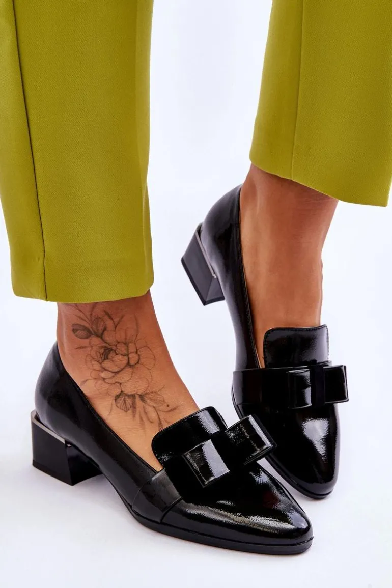 Modne Lakierowane Czółenka Z Ozdobną Kokardą Czarne Shira