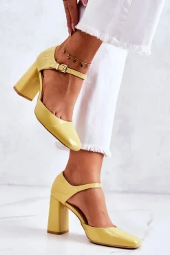 Modne Lakierowane Czółenka Na Słupku Żółte Maoris