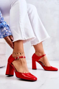 Modne Lakierowane Czółenka Na Słupku Czerwone Maoris