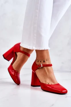 Modne Lakierowane Czółenka Na Słupku Czerwone Maoris