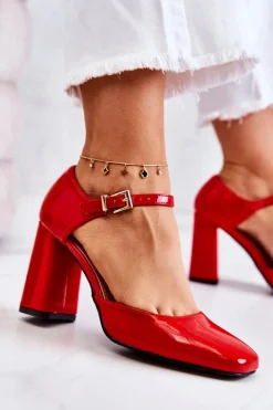 Modne Lakierowane Czółenka Na Słupku Czerwone Maoris