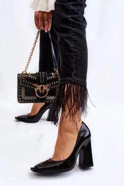 Modne Lakierowane Czółenka Na Słupku Czarne Mysterious