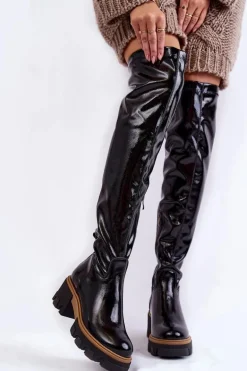 Modne Lakierowane Damskie Kozaki Za Kolano Czarne Lemar Venise