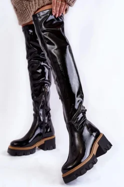 Modne Lakierowane Damskie Kozaki Za Kolano Czarne Lemar Venise