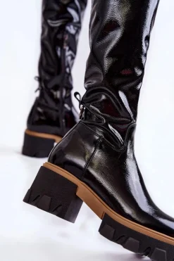 Modne Lakierowane Damskie Kozaki Za Kolano Czarne Lemar Venise