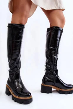 Modne Lakierowane Damskie Kozaki Przed Kolano Czarne Venise