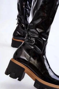 Modne Lakierowane Damskie Kozaki Przed Kolano Czarne Venise