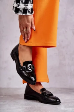 Modne Lakierowane Półbuty Loafery Czarne Trine