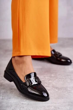 Modne Lakierowane Półbuty Loafery Czarne Trine