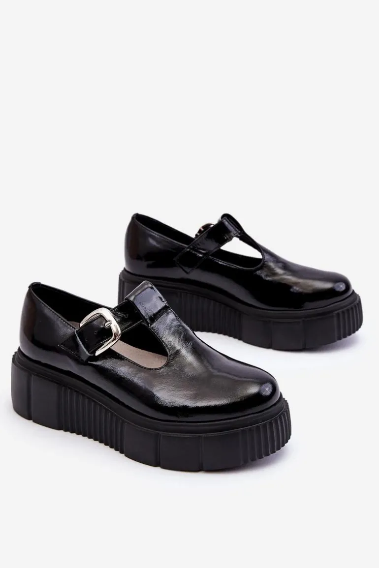 Modne Lakierowane Półbuty Na Masywnej Platformie Czarne Colson