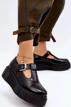 Modne Lakierowane Półbuty Na Masywnej Platformie Czarne Colson