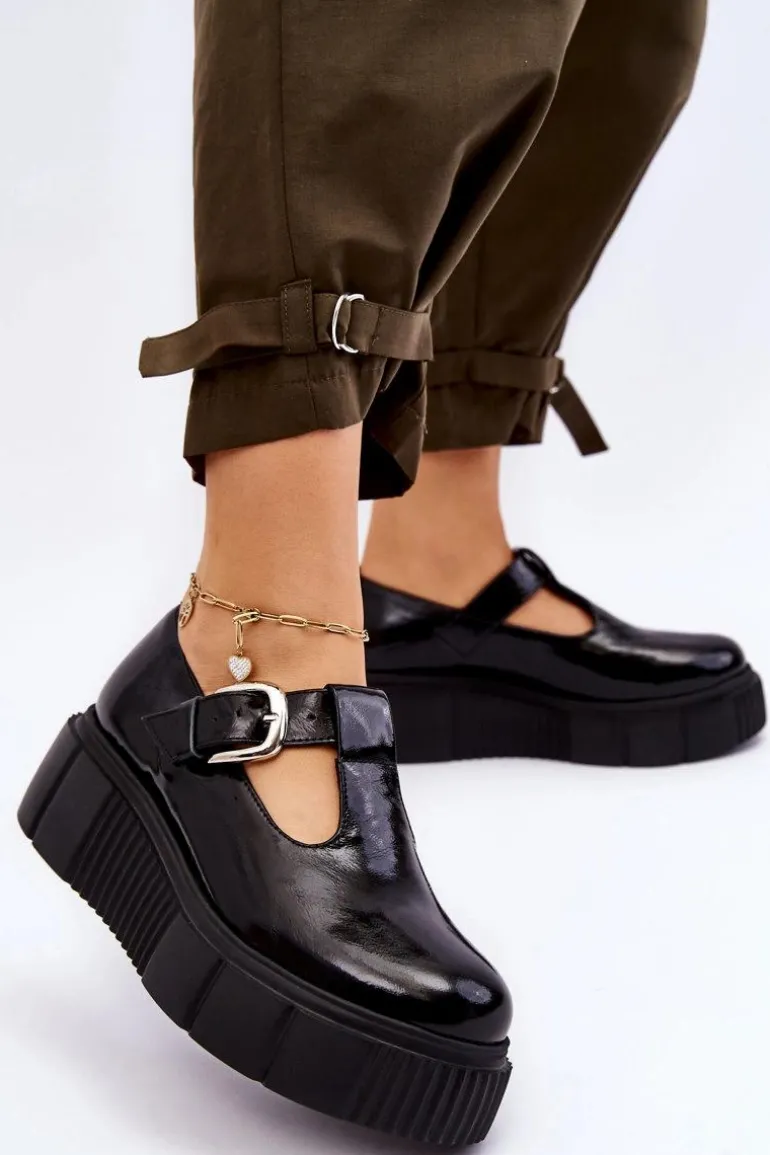 Modne Lakierowane Półbuty Na Masywnej Platformie Czarne Colson