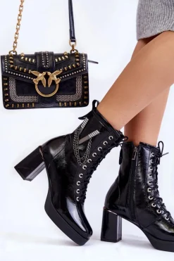 Modne Ocieplane Skórzane Botki Z Ozdobą Czarne Malta