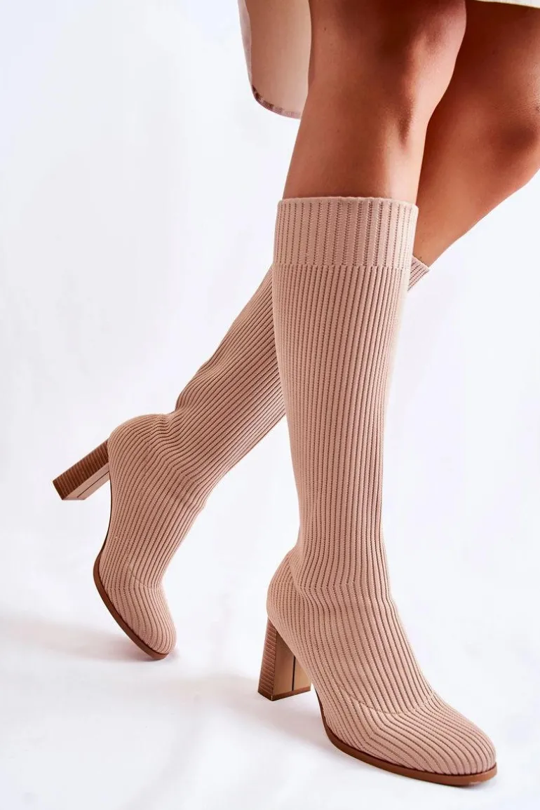 Modne Prążkowane Kozaki Na Obcasie Beżowe Carros