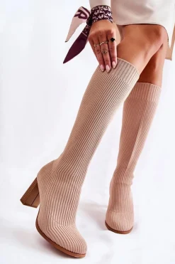 Modne Prążkowane Kozaki Na Obcasie Beżowe Carros