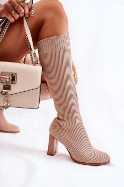 Modne Prążkowane Kozaki Na Obcasie Beżowe Carros