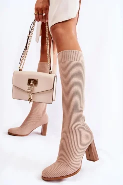 Modne Prążkowane Kozaki Na Obcasie Beżowe Carros