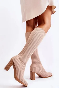 Modne Prążkowane Kozaki Na Obcasie Beżowe Carros