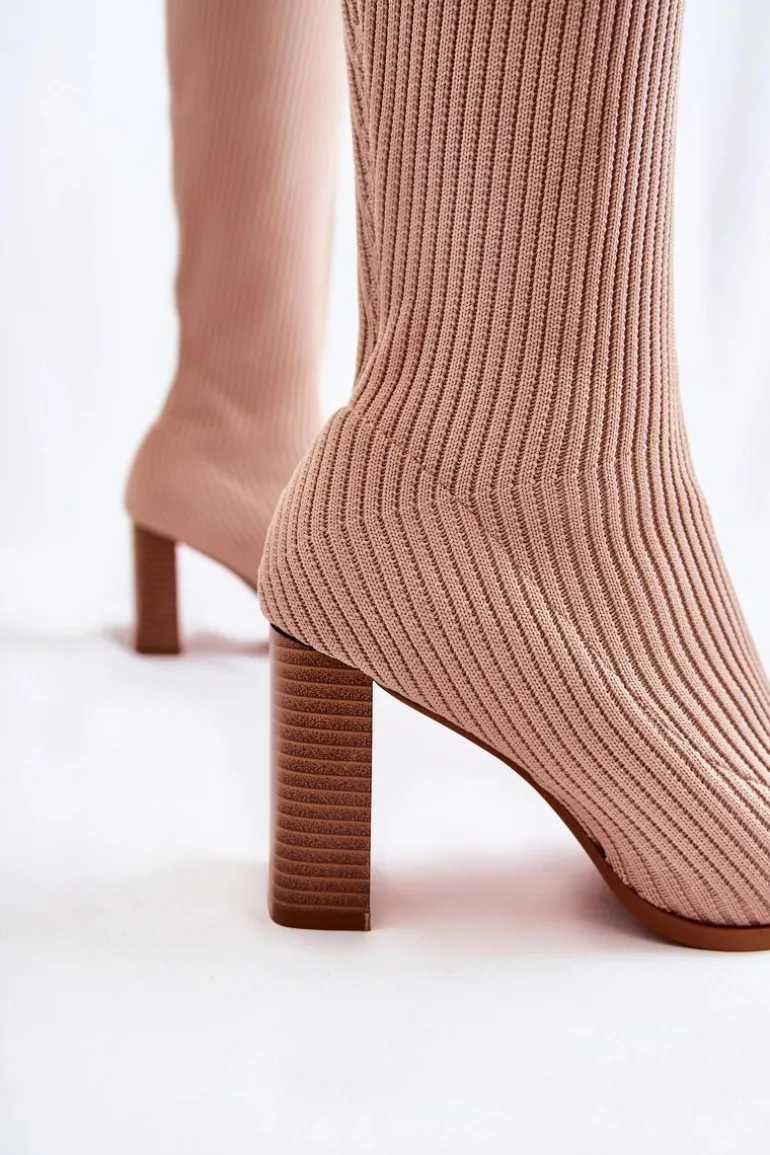 Modne Prążkowane Kozaki Na Obcasie Beżowe Carros