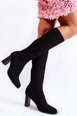 Modne Prążkowane Kozaki Na Obcasie Czarne Carros