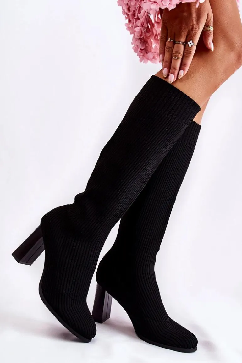 Modne Prążkowane Kozaki Na Obcasie Czarne Carros