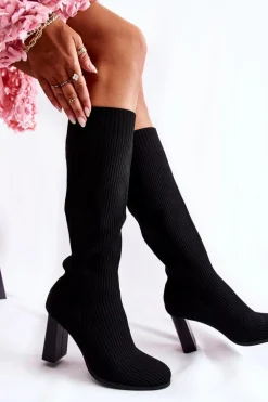 Modne Prążkowane Kozaki Na Obcasie Czarne Carros