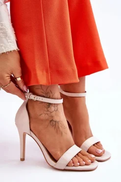 Modne Sandałki Szpilki Holograficzne Beżowe Rayden