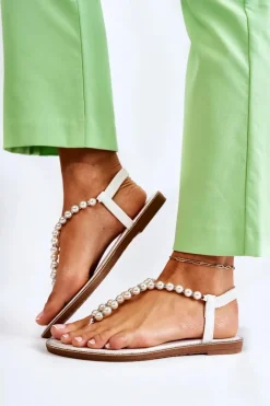 Modne Sandały Japonki Z Perłami Białe Isalia