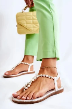 Modne Sandały Japonki Z Perłami Białe Isalia