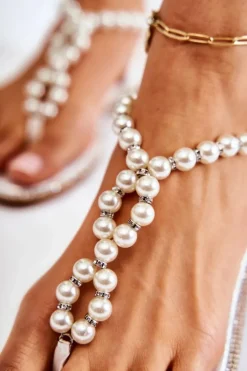 Modne Sandały Japonki Z Perłami Białe Isalia