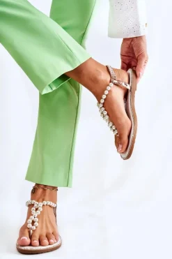 Modne Sandały Japonki Z Perłami Różowe Złoto Isalia