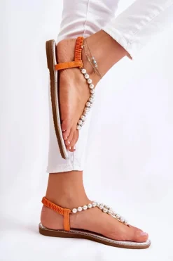 Modne Sandały Japonki Z Perłami Pomarańczowe Isalia