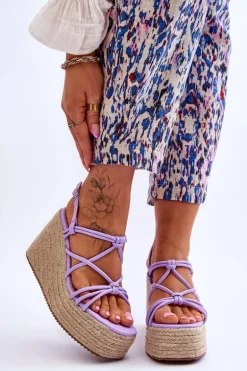 Modne Sandały Na Koturnie Z Plecionką Fioletowe Nessia