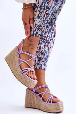 Modne Sandały Na Koturnie Z Plecionką Fioletowe Nessia