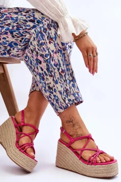 Modne Sandały Na Koturnie Z Plecionką Fuksja Nessia