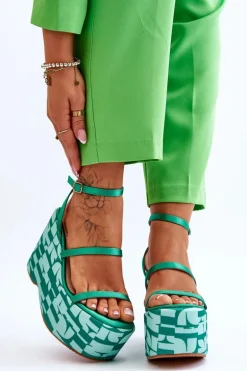 Modne Sandały Na Koturnie We Wzory Zielone Claria