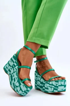 Modne Sandały Na Koturnie We Wzory Zielone Claria