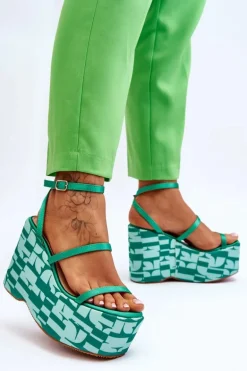 Modne Sandały Na Koturnie We Wzory Zielone Claria