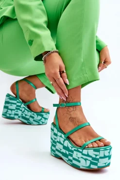 Modne Sandały Na Koturnie We Wzory Zielone Claria