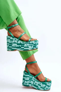 Modne Sandały Na Koturnie We Wzory Zielone Claria
