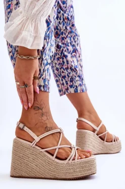 Modne Sandały Na Koturnie Z Plecionką Beżowe Nessia